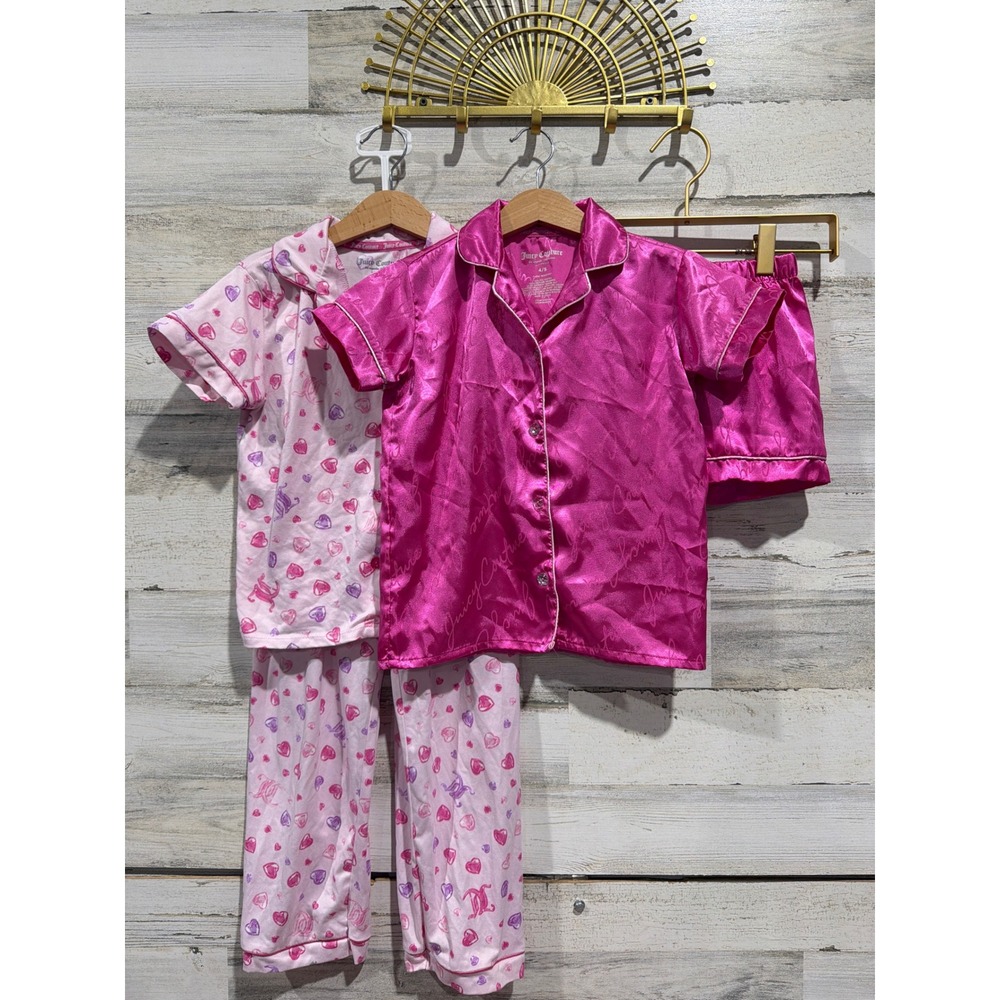 Juicy‎ Couture Pajama Set Girls 4/5 Pink Heart Satin Y2K Inspired Loungewear EUC